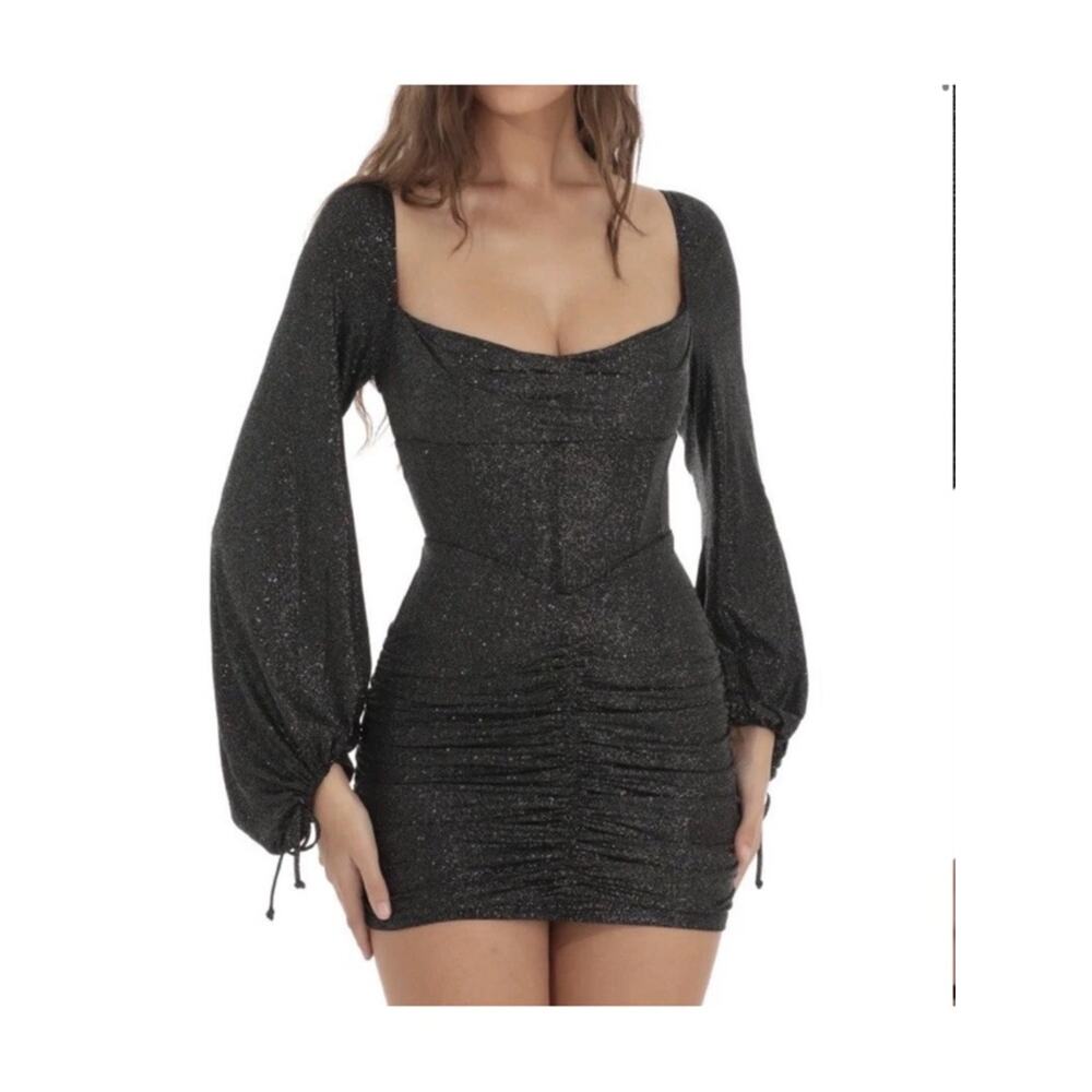 Lucy in the Sky Corset Shimmer Mini Long Sleeve Dress Black Metallic Medium